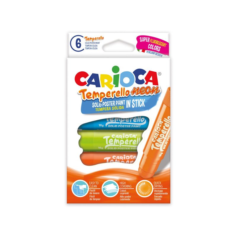 Carioca Temperello Neon Pack De 6 Temperas Solidas - Colores Brillantes Y Lavables - Gran Cobertura - Faciles De