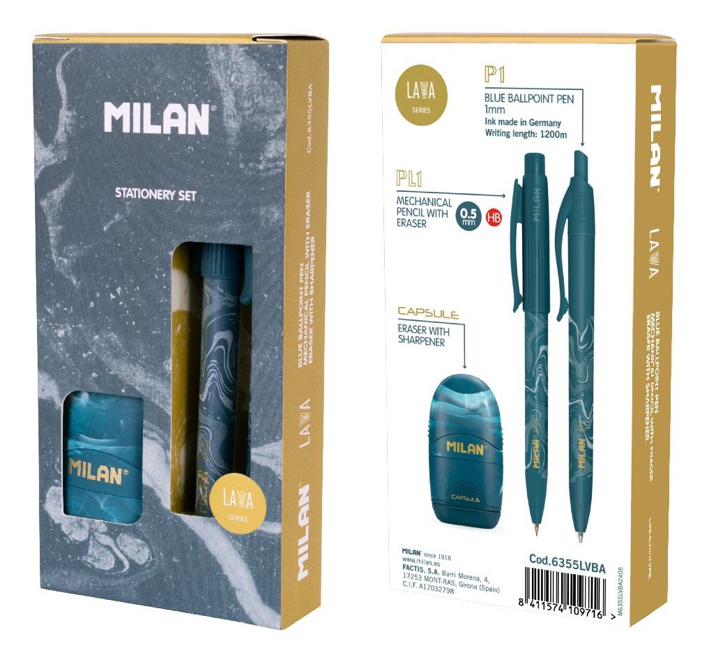 Milan Caja Regalo Serie Lava Con Bolígrafo P1, Portaminas Pl1 0.5 Y Afilaborra Capsule Azul