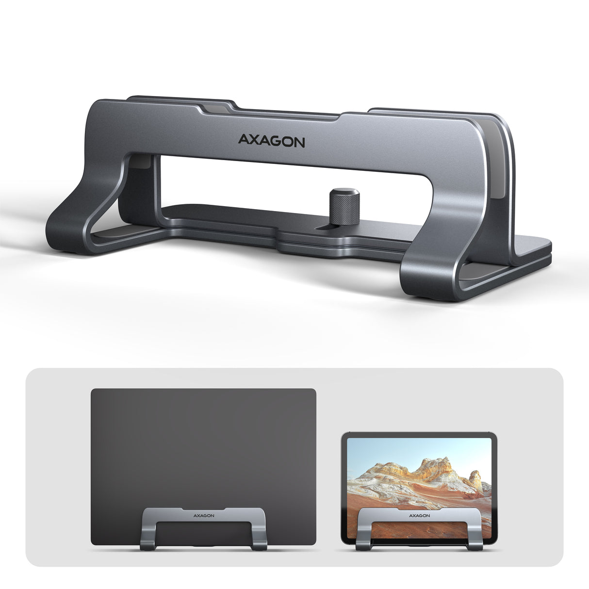 EAN 8595247909268 - Axagon STND-VG Vertikaler Laptop-Ständer, einstellbare Breite, Aluminium Soporte para ordenador portátil imagen 1