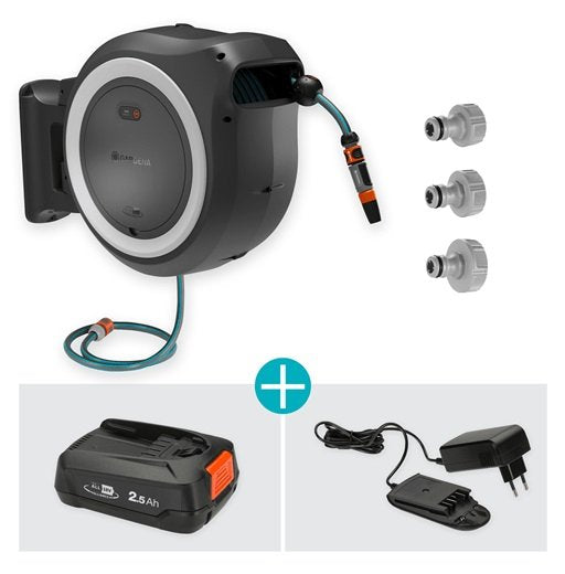 Caja Portamangueras De Pared A Batería Gardena Powerroll Xl 18v P4a, 35 Metros, Enrollador De Manguera Gris/Blanco, Batería Li-Ion 2,5ah, Power For All Alliance 18642-20