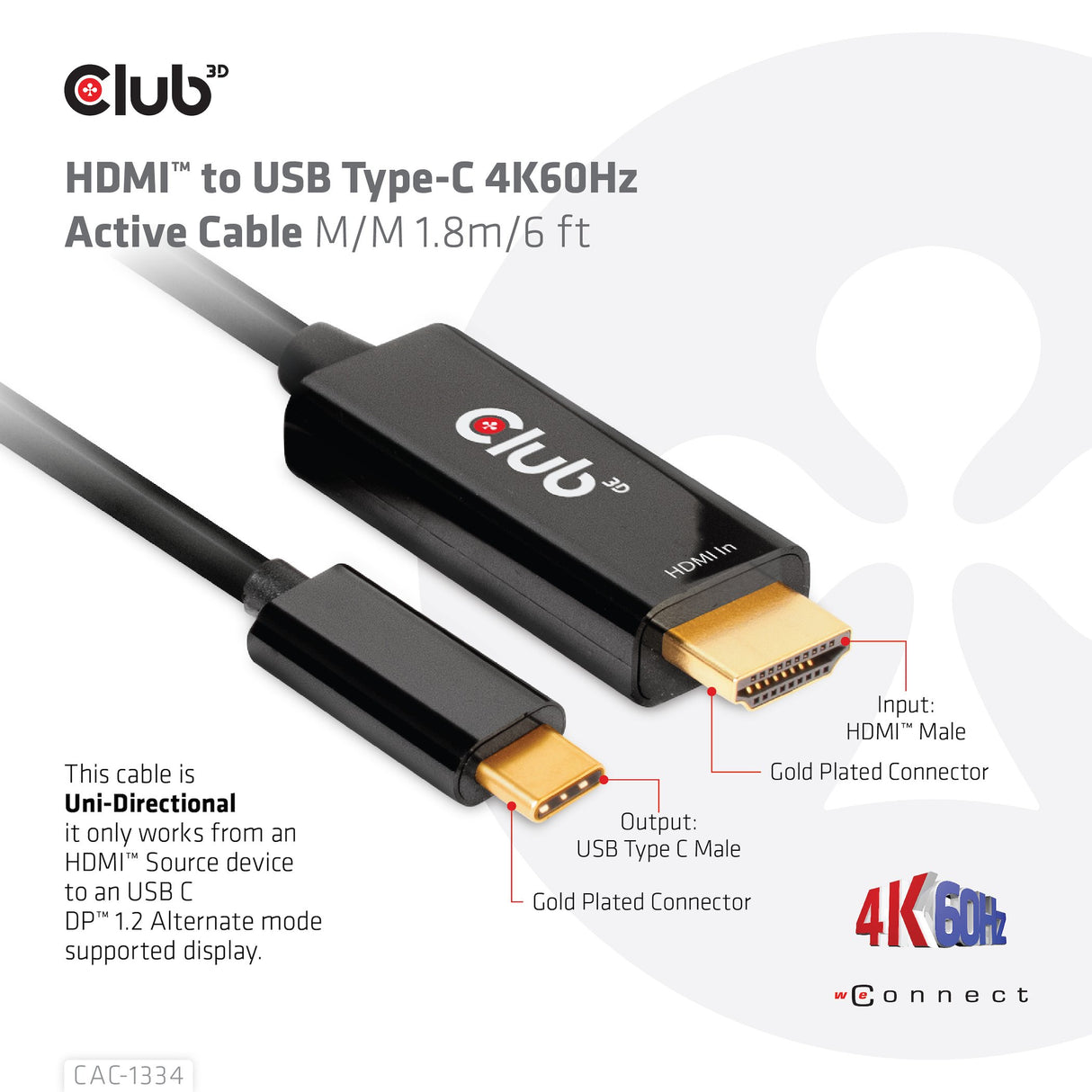 EAN 8719214472054 - CLUB3D CAC-1334 adaptador de cable de vídeo 1,8 m HDMI tipo A (Estándar) USB Tipo C Negro imagen 6