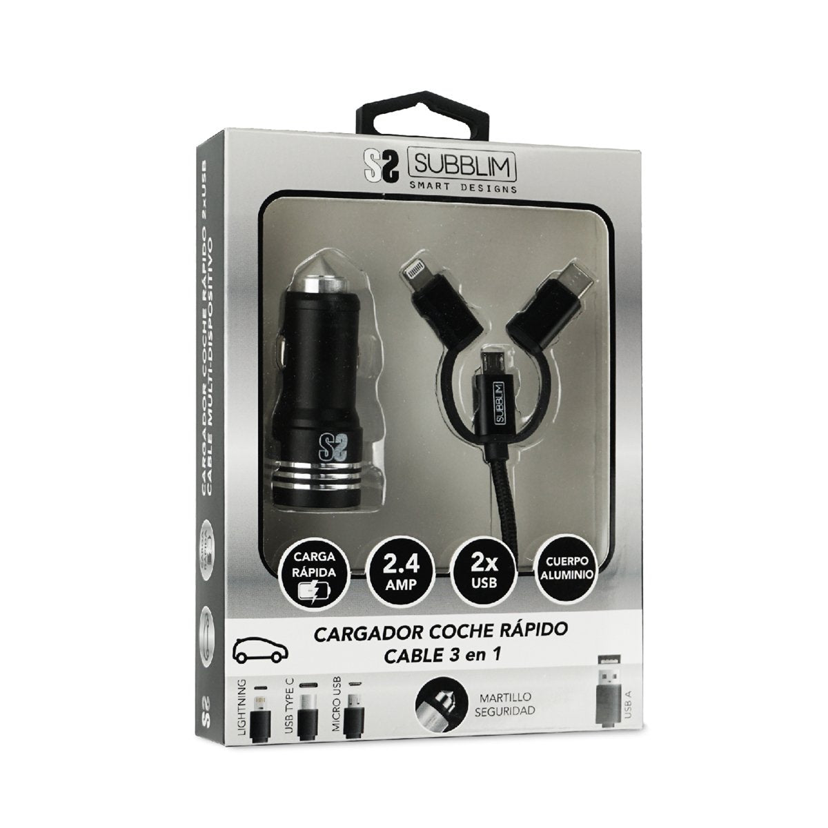 Cargador De Coche Subblim Sub-Chg-4cc002/ 2 Usb + Cable Usb 3 En 1/ 2.4a/ Negro