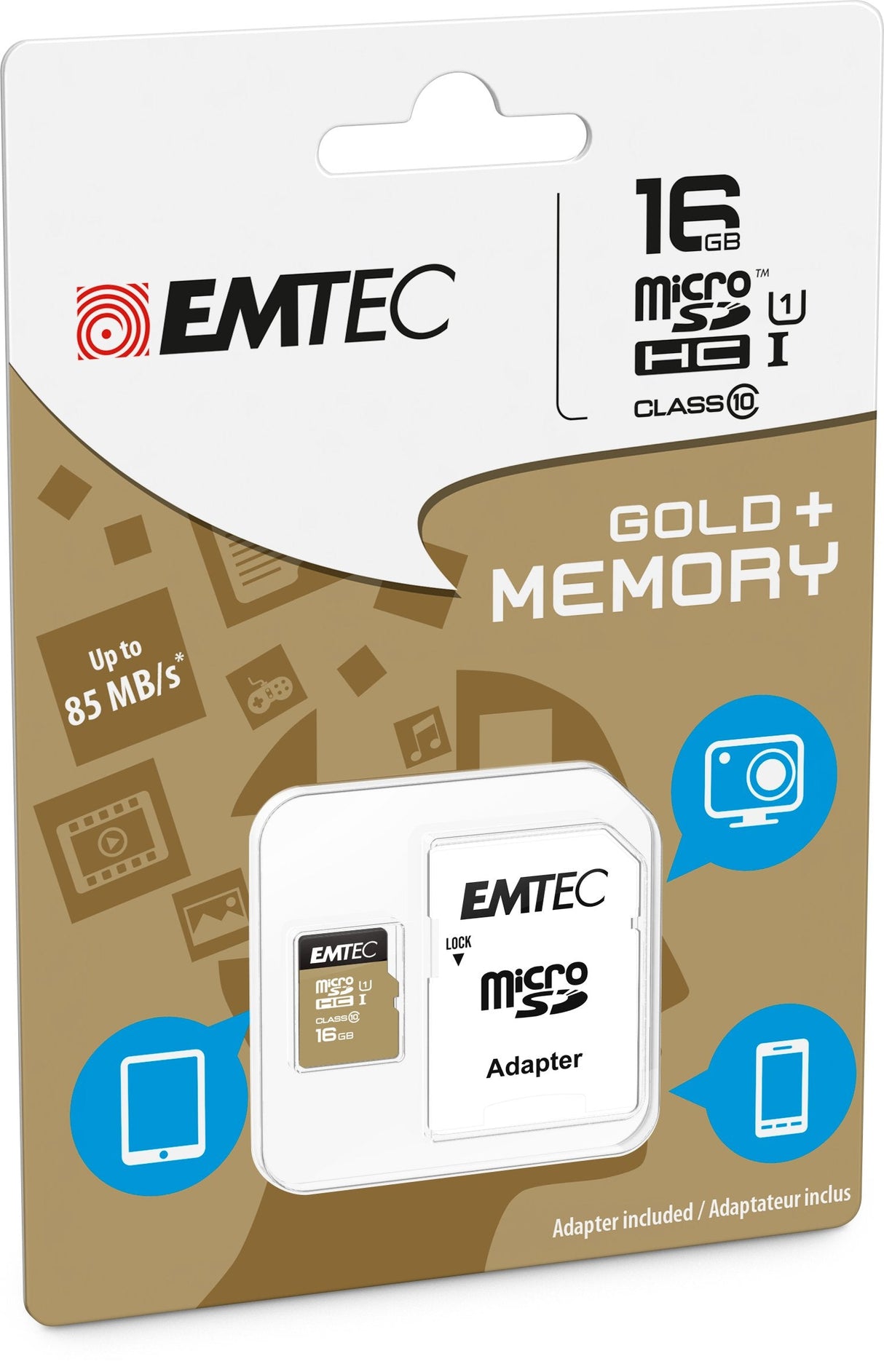 Emtec Microsd 16gb Gold+ Sdhc Clase 10 85mb/S Con Adaptador Ecmsdm16ghc10gp