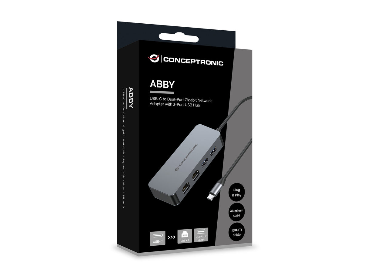 Adaptador Usb-C A Ethernet Rj45 Conceptronic Abby24g 2 Puertos Gigabit Con Hub Usb 3,2 X2 Puertos