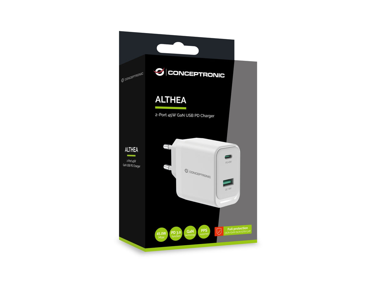 Cargador De Pared Quick Charge 3.0 Pd  Pps 1 Puerto Usb-C 1 Puerto Usb-A Conceptronic Althea 45w