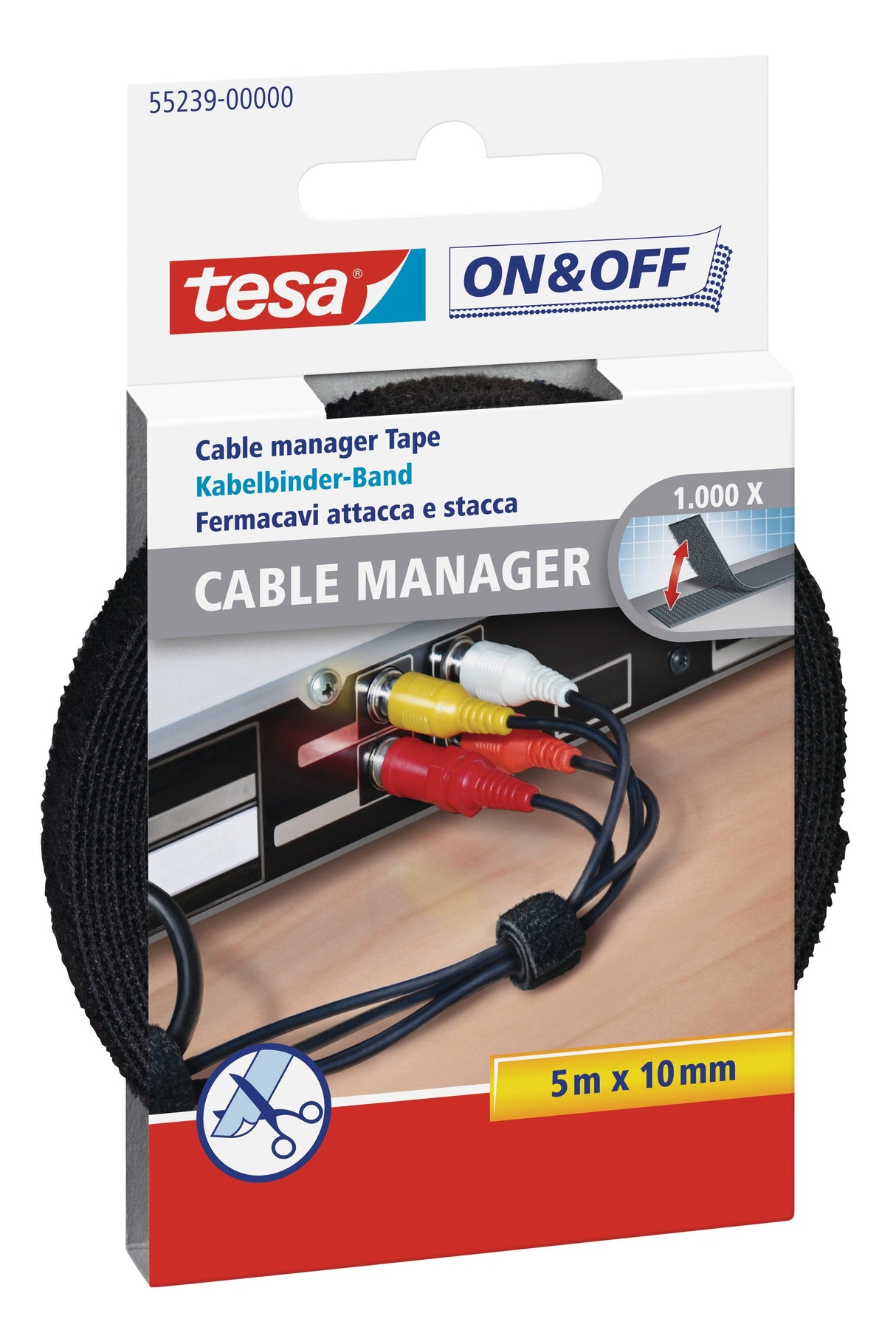 Tesa Organizador De Cables On & Off, 5m X 10mm, Negro
