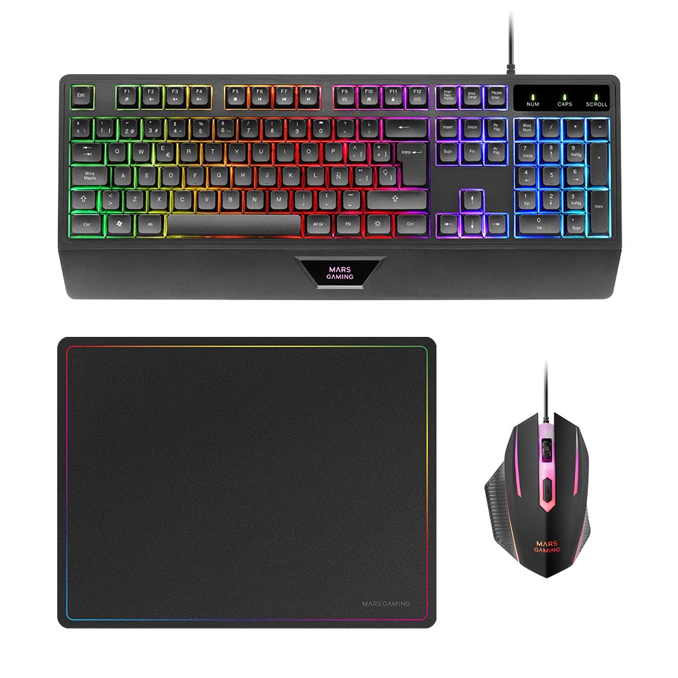 Mars Gaming Mcp124 Combo Gaming 3en1 - Teclado H-Mech Ergonomico - Raton Rgb Switches Huano - Alfombrilla Nanotextil