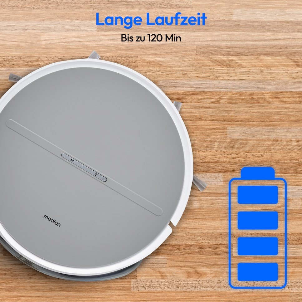 Medion Robot Aspirador Con Función Mopa Y Navegación Sistemática E35 Sw (Potencia De Aspiración 2000pa, Navegación Giroscópica En Líneas S Sistemáticas, 2 Cepillos Laterales Y Sensor De Pared) 50076258