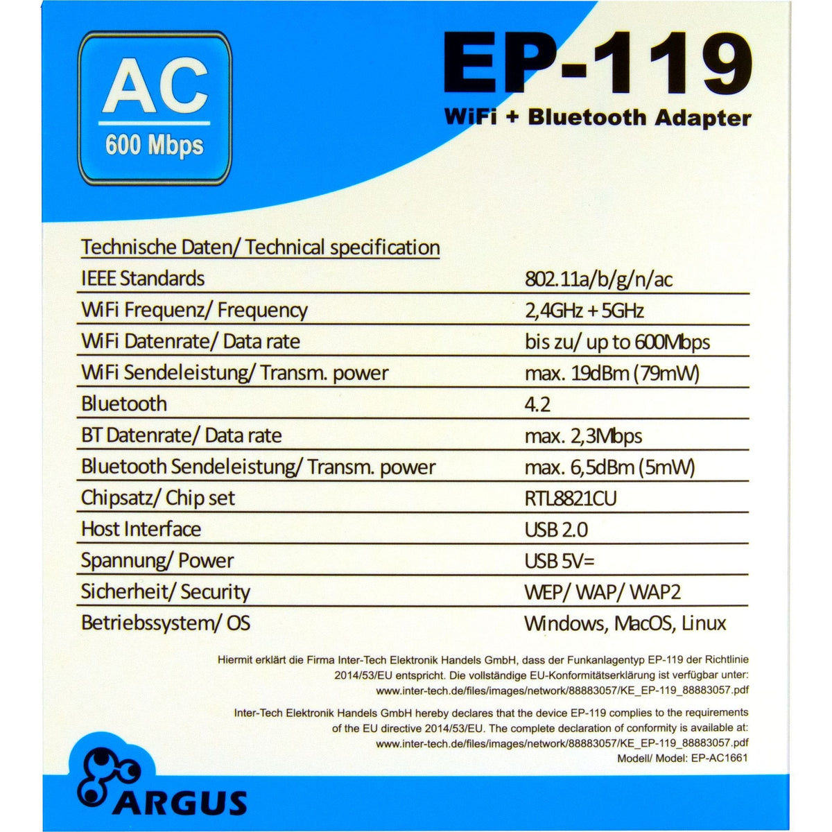 Inter-Tech Wi-Fi 5 Usb Adapter Argus Ep-119, Bluetooth 4.2