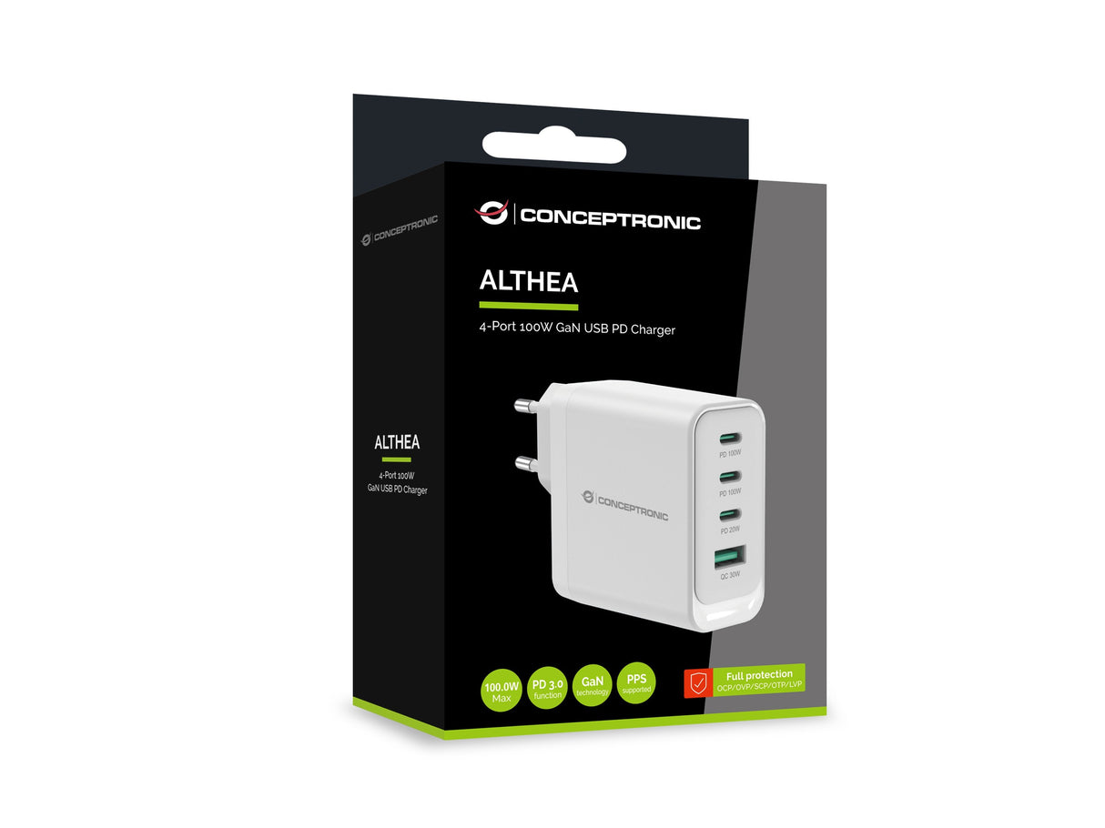 Cargador De Pared Quick Charge 3.0 Pd  Pps 3 Puertos Usb-C 1 Puerto Usb-A Conceptronic Althea 100w