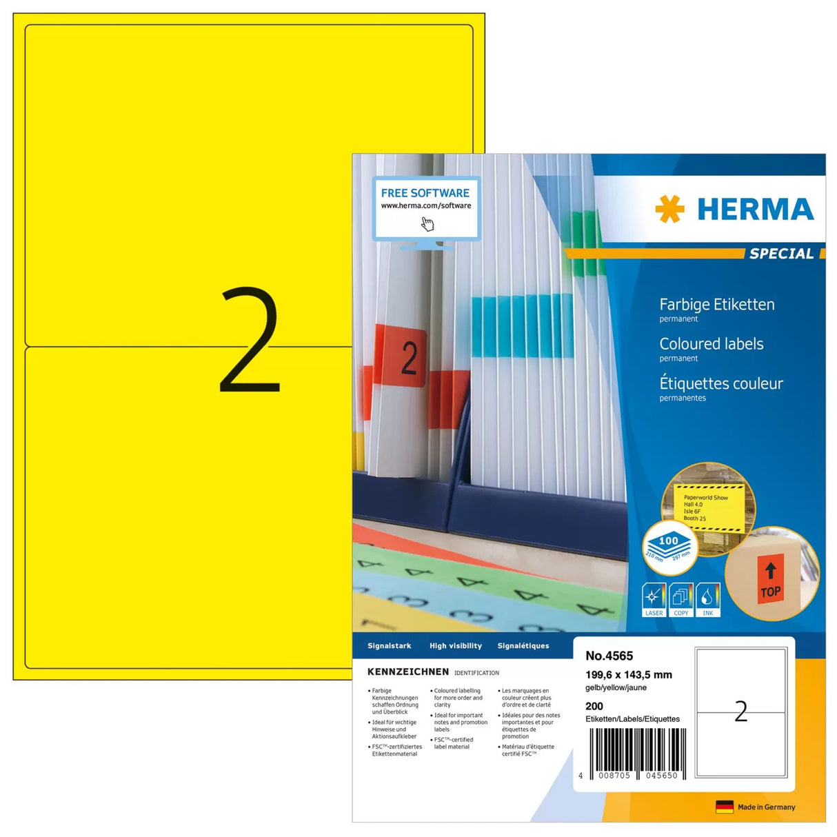 EAN 4008705045650 - HERMA 4565 etiqueta autoadhesiva Rectángulo Amarillo 200 pieza(s) imagen 1