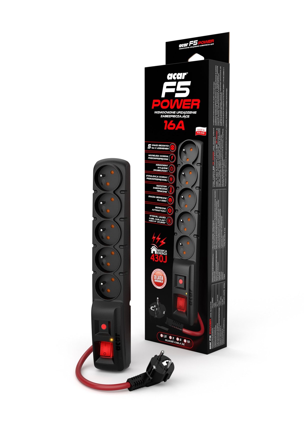 EAN 5904743405106 - ACAR F5 POWER Negro 5 salidas AC 230 V 10 m imagen 2