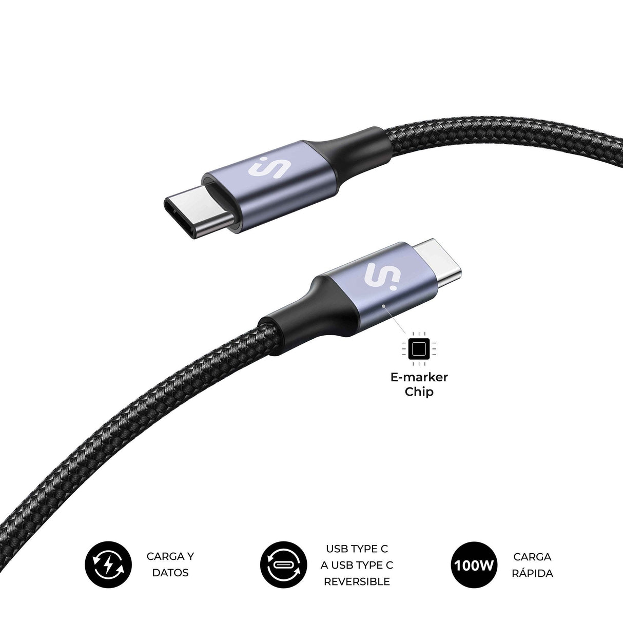 Cable Plus 100w Usb-C/Usb-C 1 M Negro Subblim 100w/ Longitud: 1m/ Usb-C &Harr; Usb-C/ Pd 3.0 Y Qc 3.0,