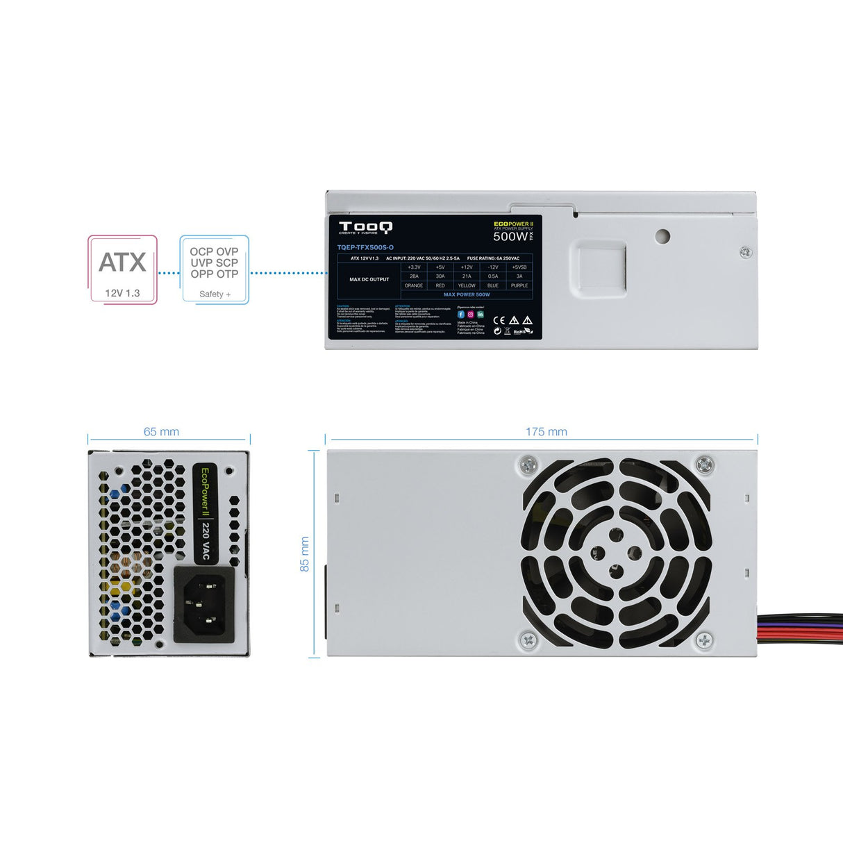 EAN 8433281007321 - TooQ Ecopower II TFX OEM unidad de fuente de alimentación 500 W 20+4 pin ATX Plata imagen 7