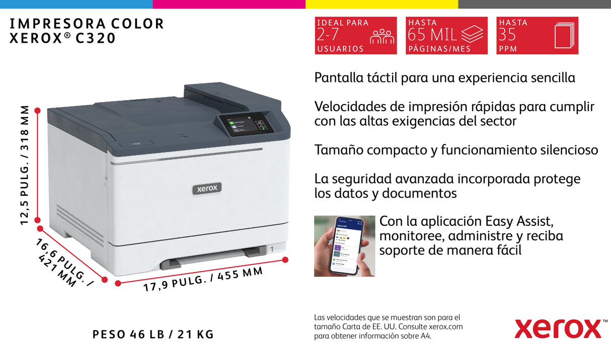 Xerox C320v_dni Impresora Color A Dos Caras Laser A4/Legal 1200 X 1200 Ppp Hasta 33 Ppm (Mono) / Hasta 33 Ppm (Color) Capacidad: 250 Hojas Gigabit Lan Wi-Fi(N) Usb 2.0 Usb Programa De Devolución Green World Alliance