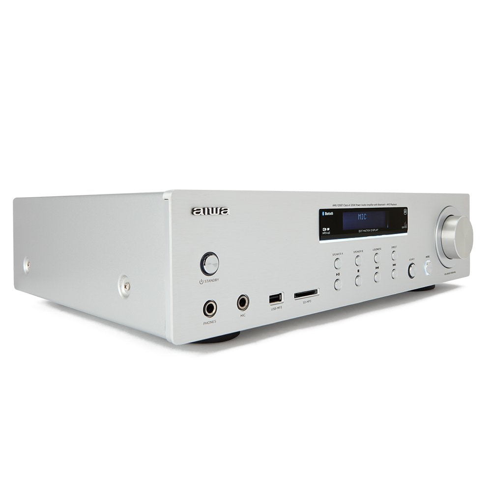 Amplificador Aiwa Amu-120bt Plata 2xcanales/Chasis Metal/2xout 60w/Bt 5.0/Usb/Sd Amu-120btsr