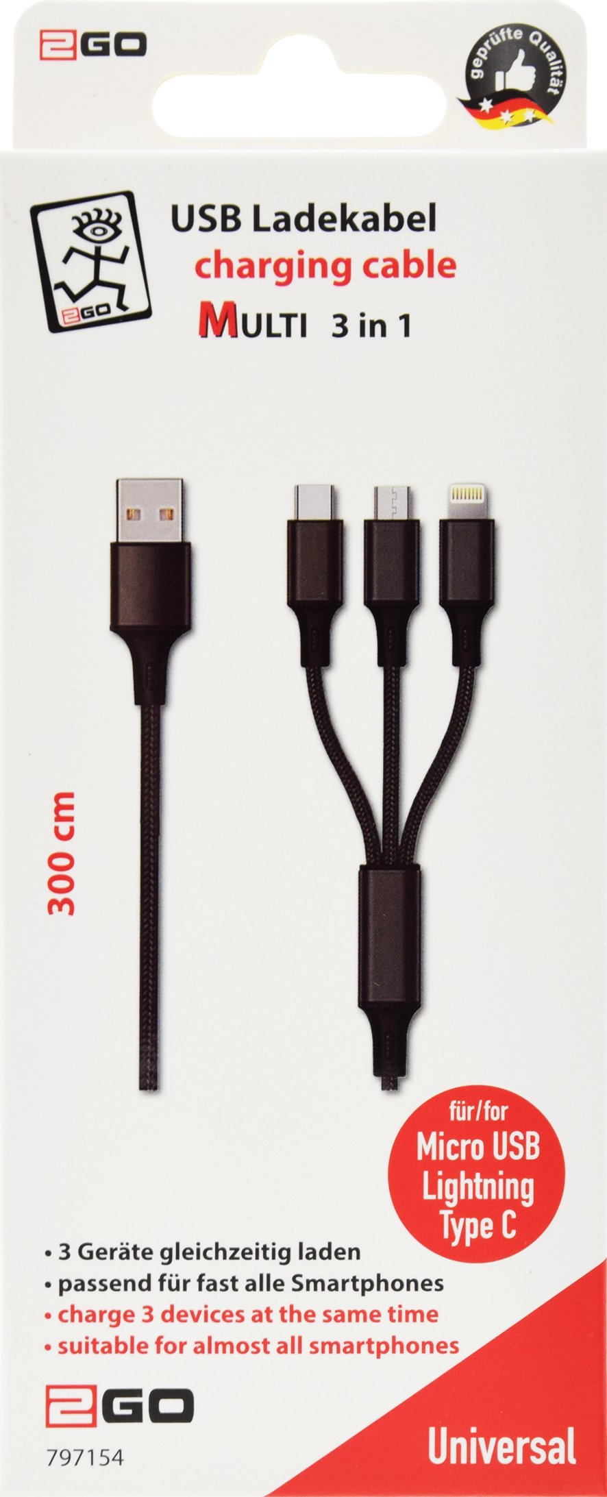 EAN 4010425971546 - 2GO 797154 cable USB 3 m USB B USB C/Micro-USB B/Lightning Negro imagen 2