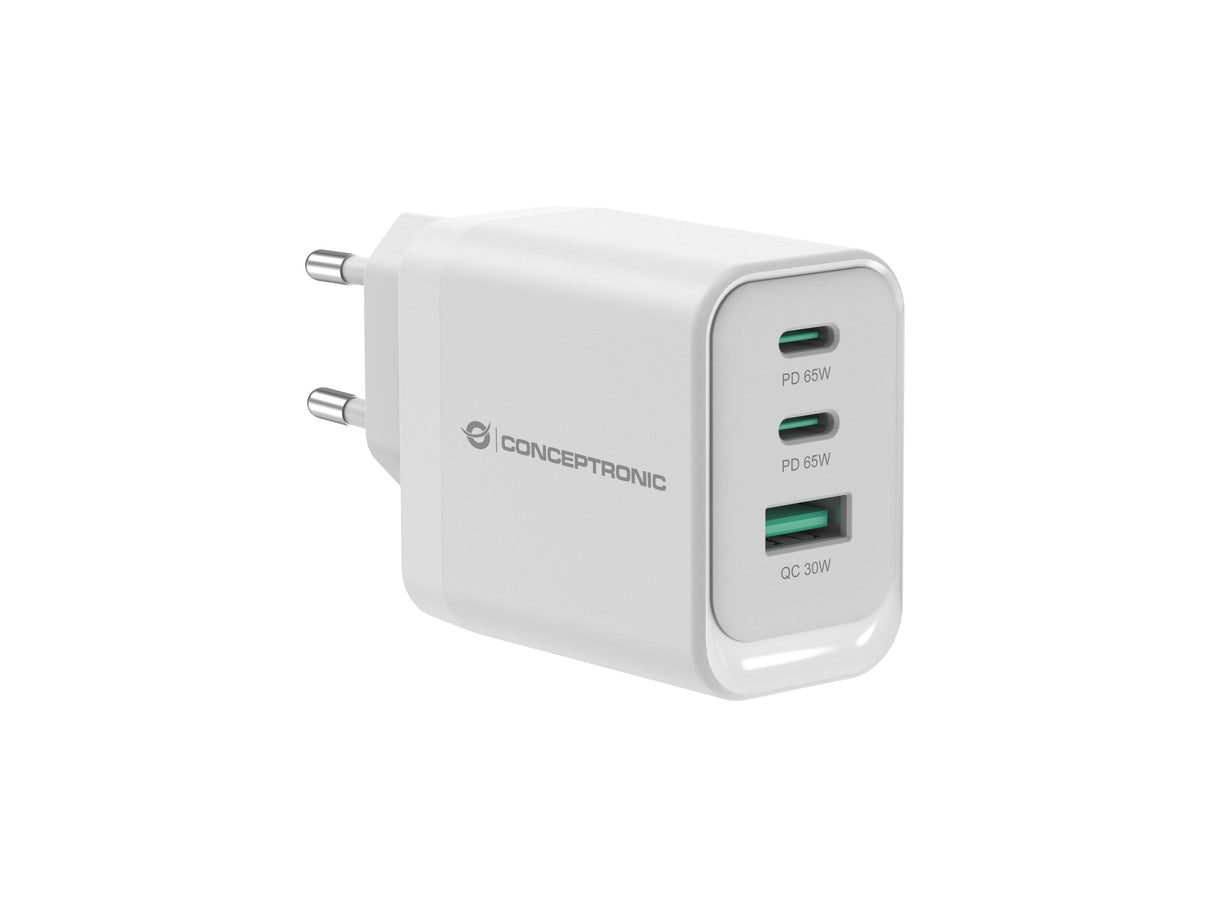 Cargador De Pared Quick Charge 3.0 Pd  Pps 2 Puertos Usb-C 1 Puerto Usb-A Conceptronic Althea 65w