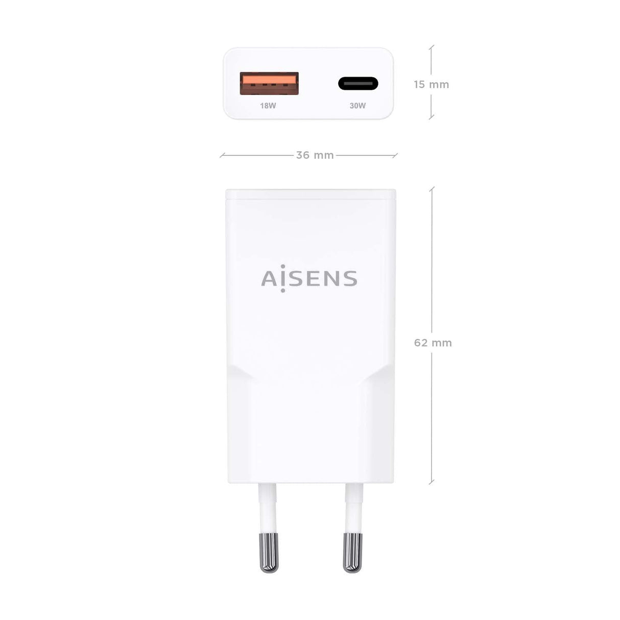 Aisens Cargador Gan Ultra Delgado 30w, 1xusb-C Pd3.0 Qc4.0, 1xusb-A Qc3.0, Blanco