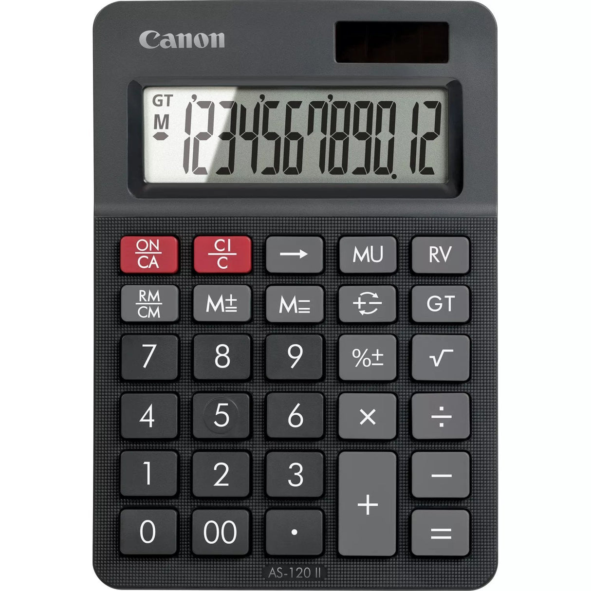 Calculadora Canon 12 Dígitos Grandes, Pantalla En Ángulo, Funcionamiento Solar Y A Pilas, Negra