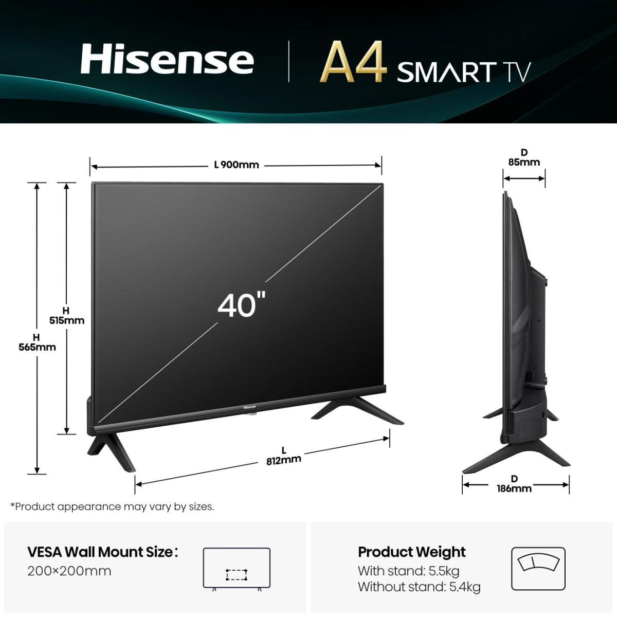 Hisense 40e4qt, Tv Led 100 Cm (40 Pulgadas), Negro, Fullhd, Sintonizador Triple, Televisión Inteligente 40e4qt