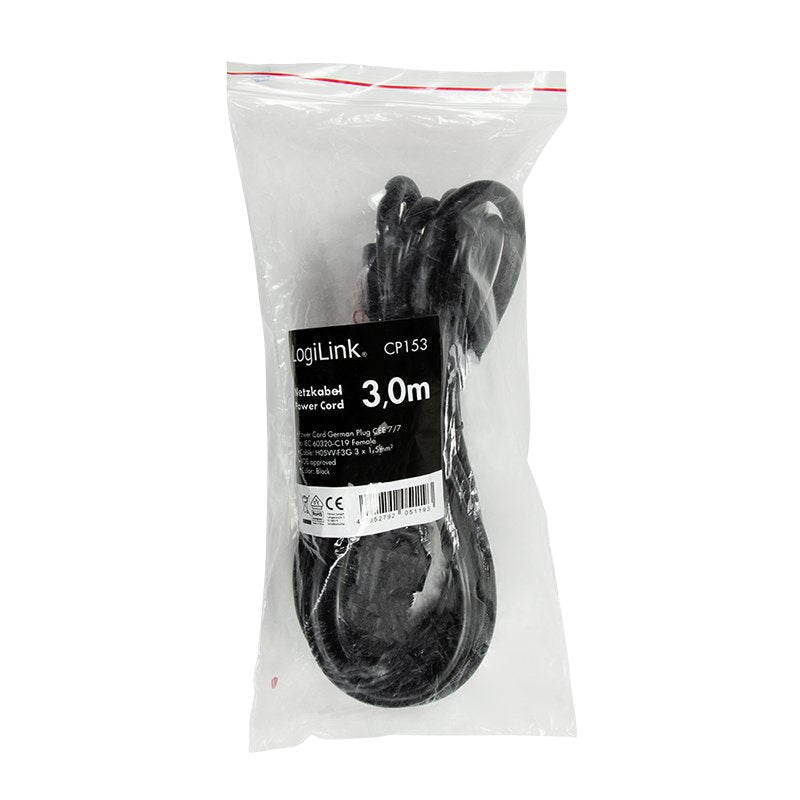 Logilink Power Cable, Cee 7 7 To Iec C19, Negro, 3 M