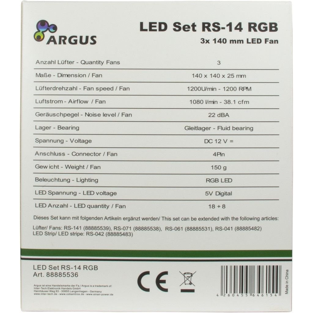 Inter-Tech Ventilador 140*140*25 Argus Rgb-Fan Set 3 Piezas Rs-14 Retail