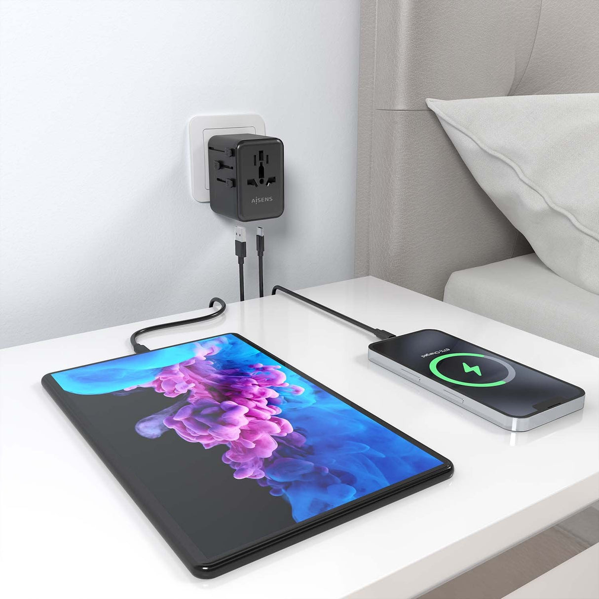 Aisens Adaptador Enchufe Universal Para Viaje Eu/Usa/Uk/Au Con Cargador Usb Gan, 2xusb-A Qc3.0, 2xusb-C Pd3.0 25w, Negro