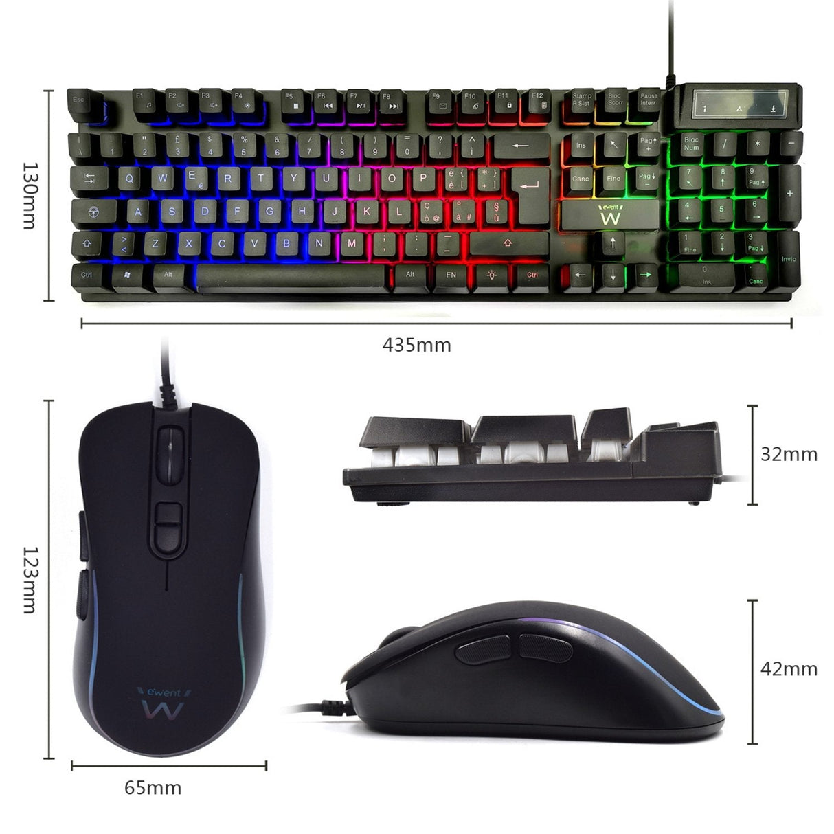Ewent Pack Teclado + Raton Gaming - Iluminacion Rgb - Disposicion Italiana Qwerty It - 3600dpi - 12 Teclas Multimedia -