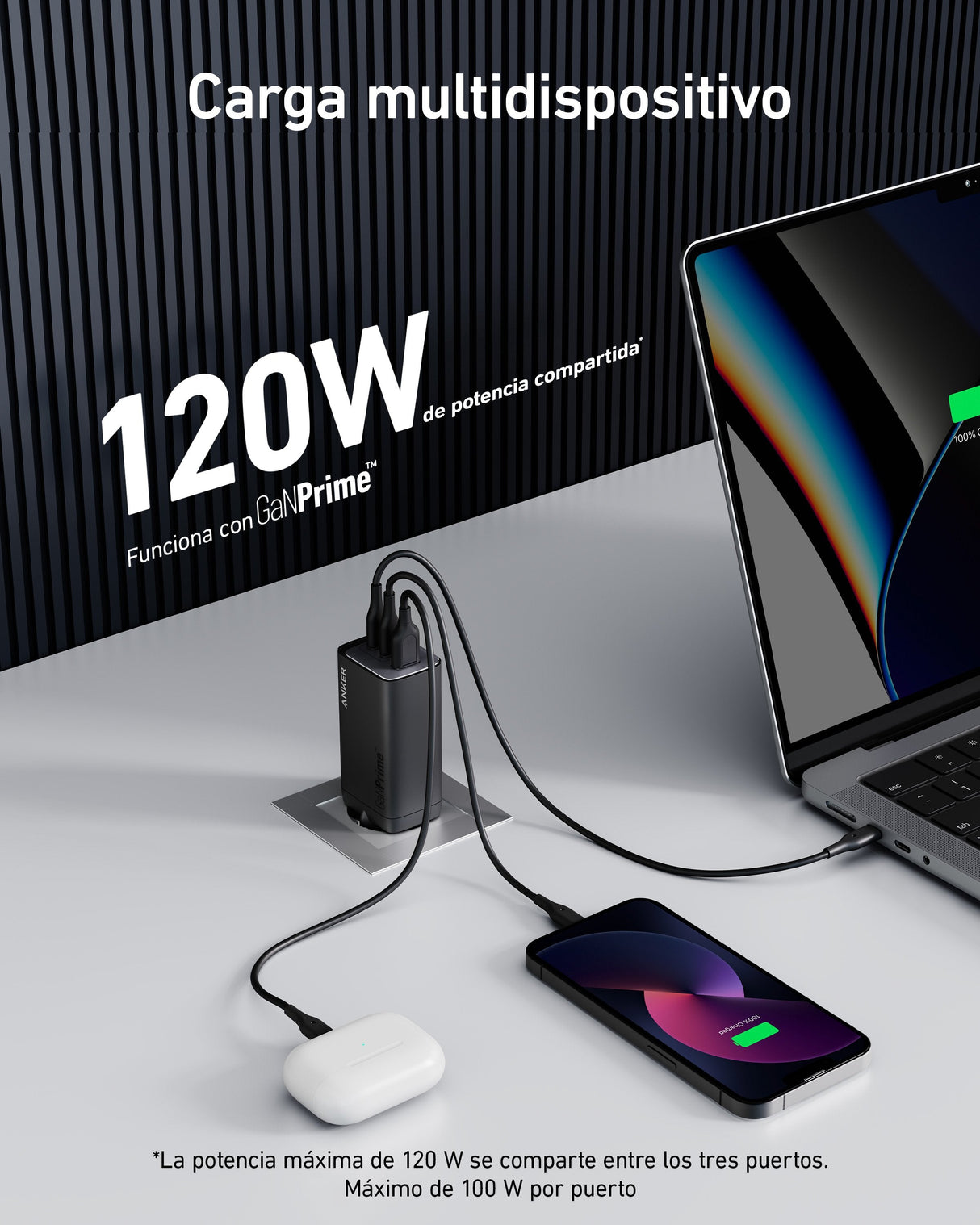 Cargador Pared Anker 737 Prime 120w 1a/2c Negro