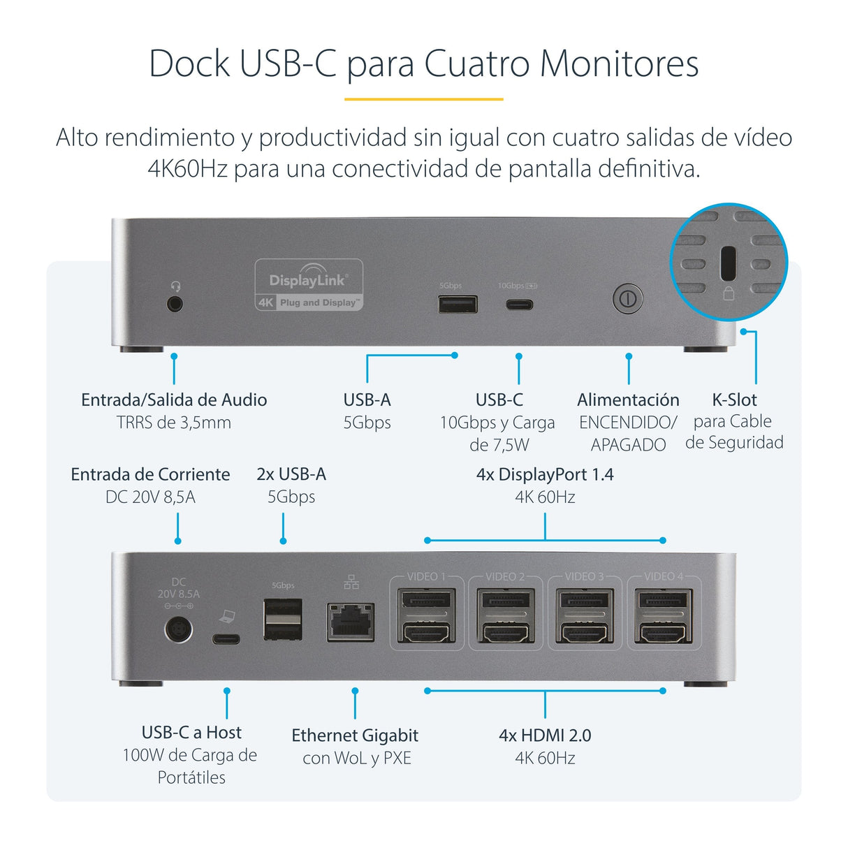 Startech Mini Docking Station Usb-C - Replicador De Puertos Para 4 Monitores Displayport Y Hdmi 4k 60hz - Con Pd De 100w
