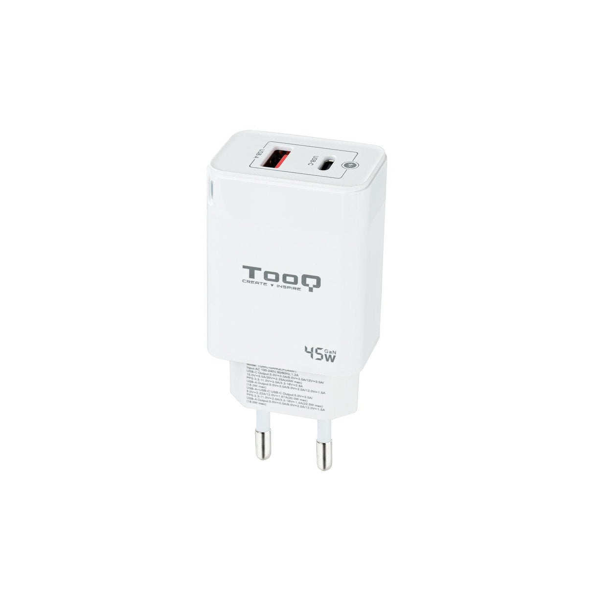 Tooq Cargador De Pared Gan Usb-C/Pd + Usb-A/Qc 45w - Blanco