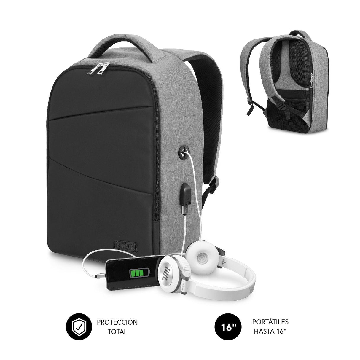 Mochila Secure V2 Ap Antirobo 16'' Gris Subblim Apertura Doble Cremallera/ Puerto Usb/ Asa De Mano Superior