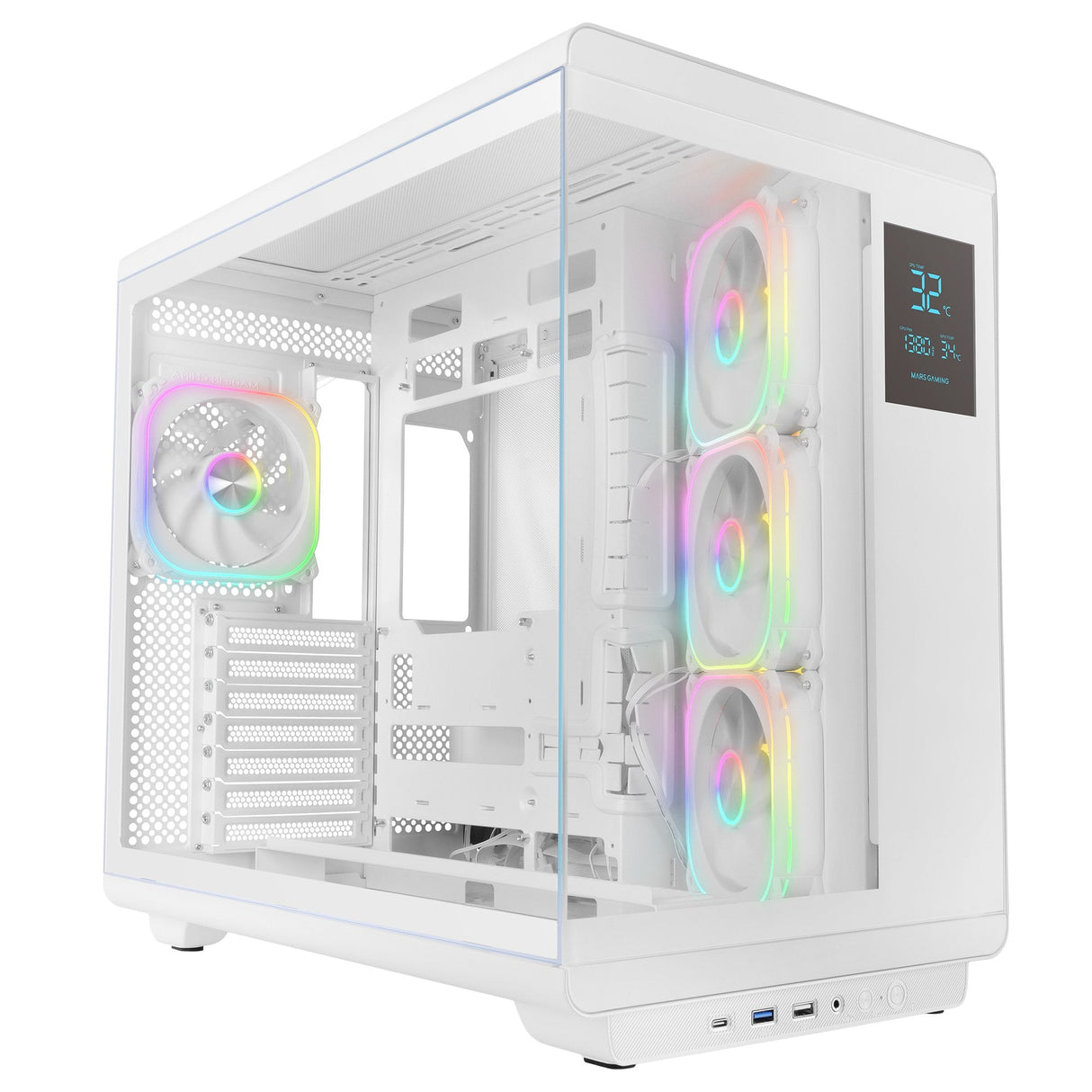 Caja Pc Atx Mars Gaming Mc-Revpro Pantalla Lcd 4.3" Cristal Templado 4x Ventiladores Argb Blanco