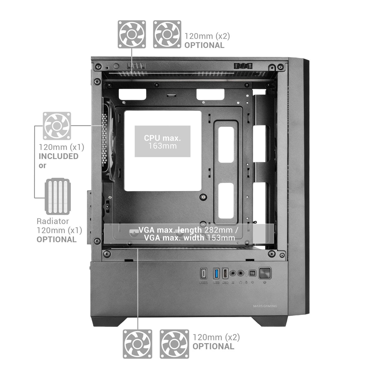 Caja Pc Microatx Mars Gaming Mc-Vector Gpu Max 282mm Cristal Templado Mesh Argb Usb-C Negra