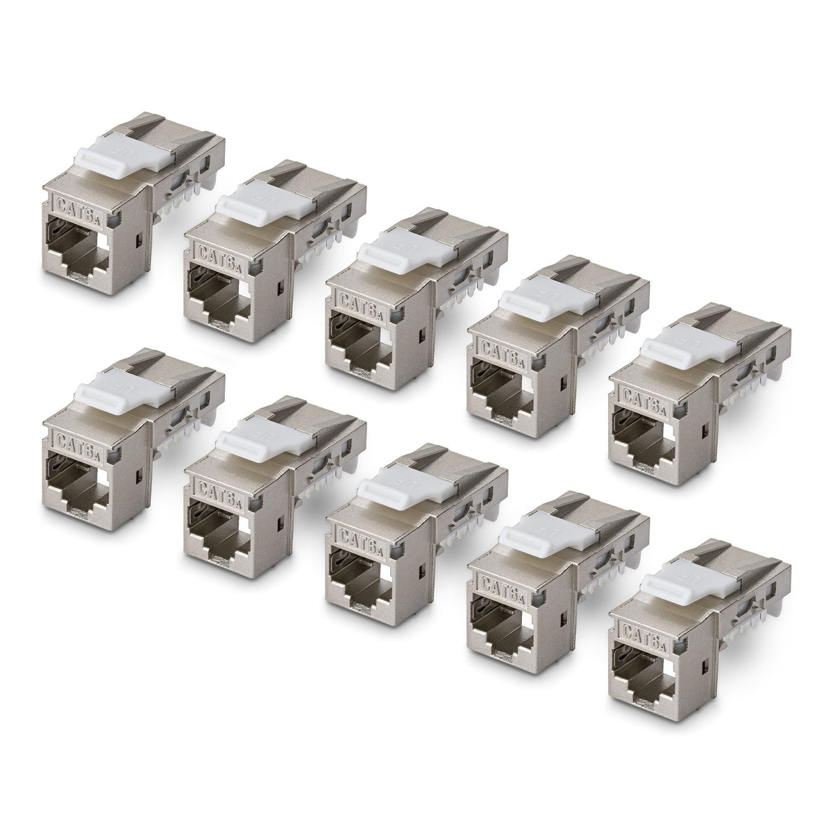 Startech.Com Geschirmtes Cat6a Keystone Jack Módulo, Pack De 10 Rj45 Ethernet Conector Hembra, Stp Cat6a Wandbuchse, 90 Grad, Sin Herramientas, Acodado, Plateado, Rj-45, Conector Hembra, Conector Hembra, 10gbase-T