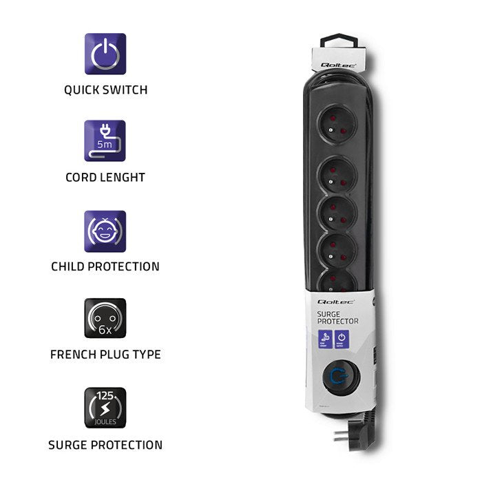 EAN 5901878501727 - Qoltec 50172 limitador de tensión Negro 6 salidas AC 230 V 5 m imagen 3