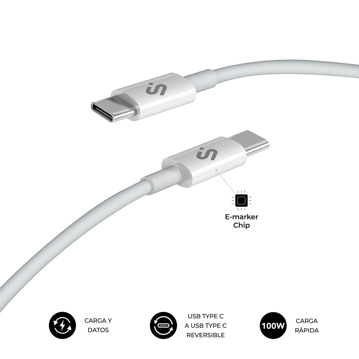 Cable Plus 100w Usb-C/Usb-C 2 M Blanco Subblim 100w/ Longitud: 2m/ Usb-C &Harr; Usb-C/ Pd 3.0 Y Qc 3.0