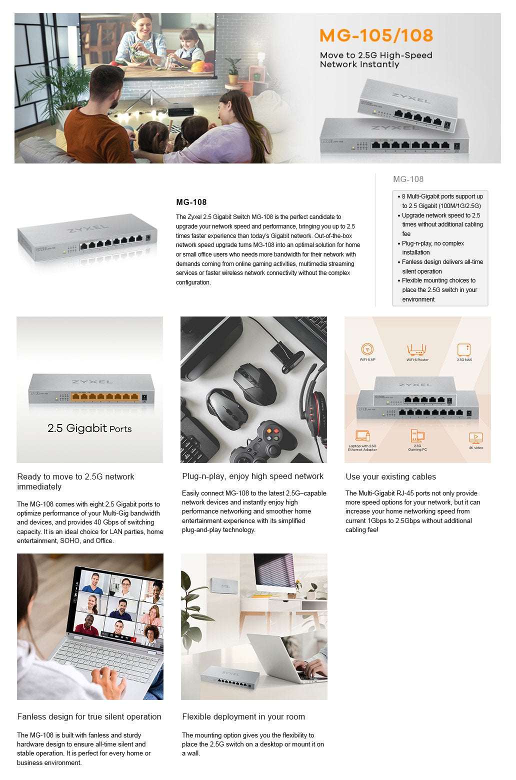 EAN 4718937620210 - Zyxel MG-108 No administrado 2.5G Ethernet (100/1000/2500) Acero imagen 7