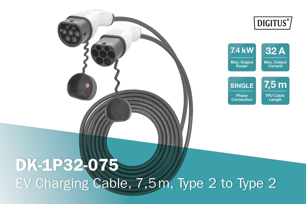 Cable Digitus E-Car Typ 2 7,4kw 32a 7,5m Black/Gr. 1-Phasig