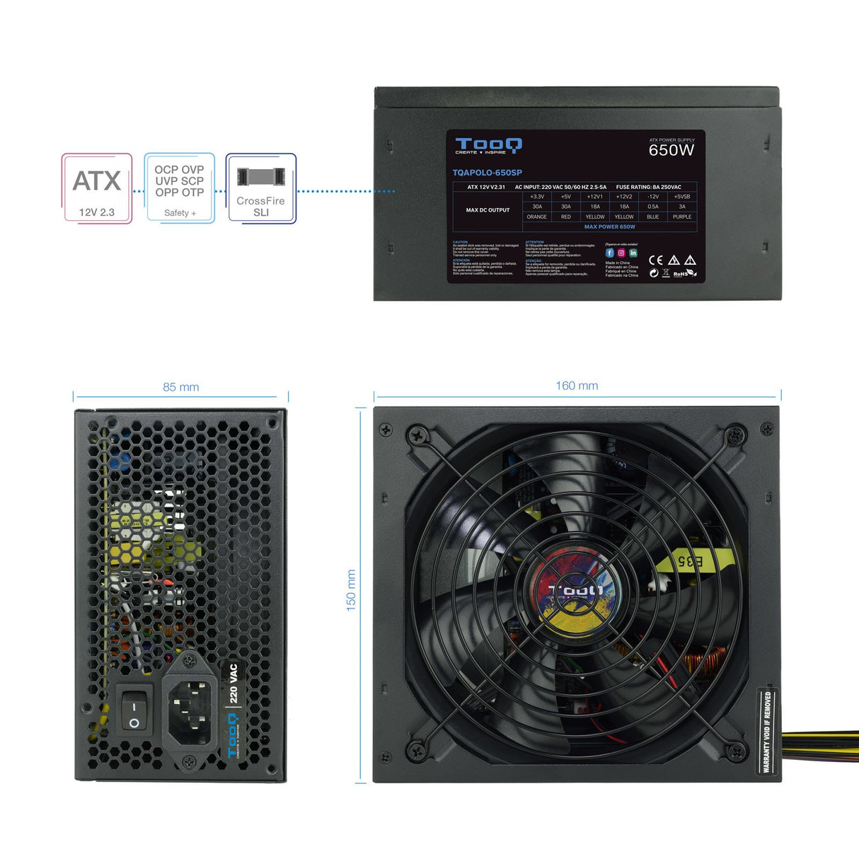 EAN 8433281010291 - TooQ TQAPOLO-650SP unidad de fuente de alimentación 650 W 20+4 pin ATX ATX Negro imagen 4