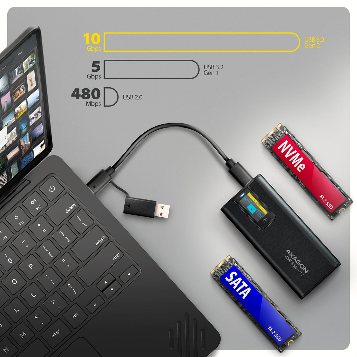 Eem2-Sd2b Obudowa Zewnetrzna Aluminiowa Bezsrubowa Usb-A/C 3.2 Gen2 M.2 Nvme/Sata Wyswietlacz Led, Czarny