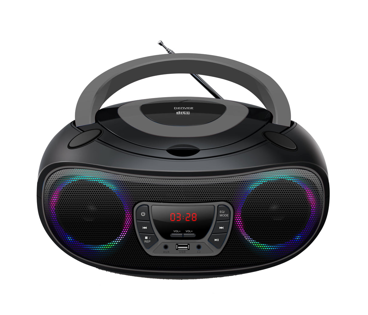 Reproductor Cd Denver Tcl-212btgrey 2*2w Salida Radio Fm Mp3 Usb Función Bluetooh Luces Led