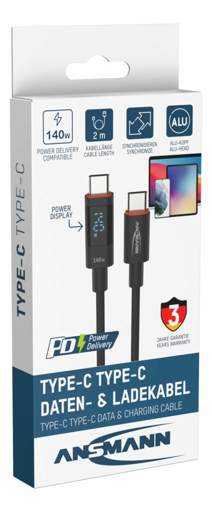 Cable Ansmann Usb 2.0 , Usb-C Stecker > Usb-C Stecker (Anthrazit, 2,0 Meter, Pd 3.1, Laden Mit Bis Zu 140 Watt, Gesleevt, Integriertes Led Display) 1700-0171