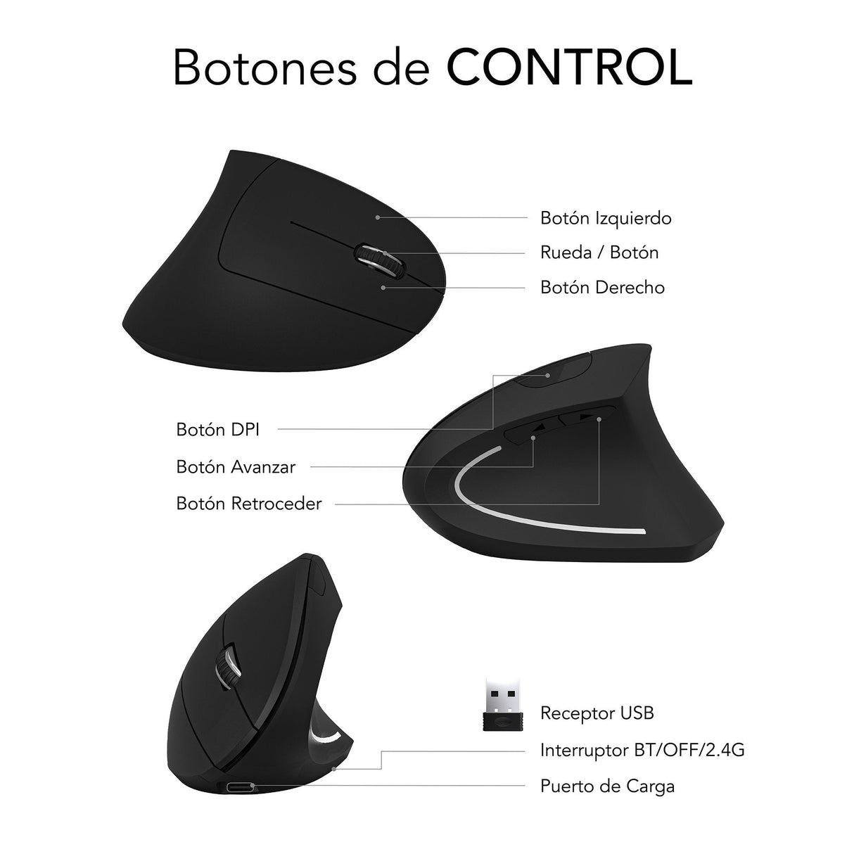 Raton Subblim Glide Vertical Ergo Dual Vertical Bluetooth, Usb 2.4ghz 4000dpi - 5 Botones - Uso Diestro - Negro