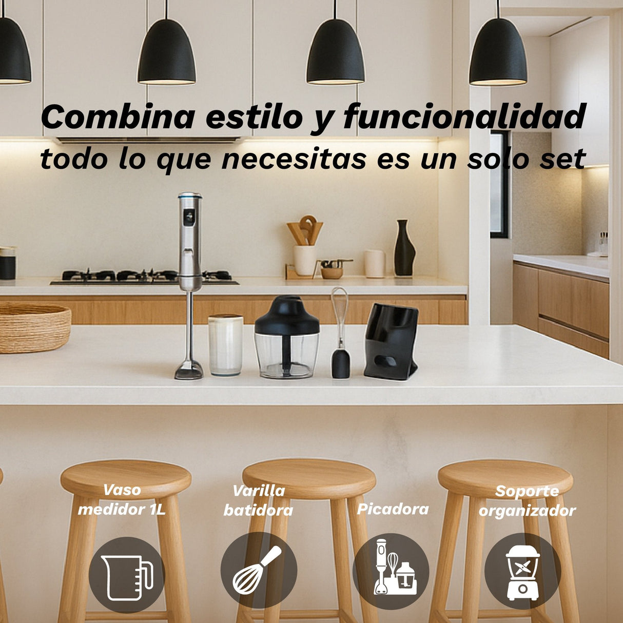 Batidora De Mano Grunkel Bm-1500set 1500w Capacidad 0.8l Incluye Vaso, Picadora, Varilla Y Soporte