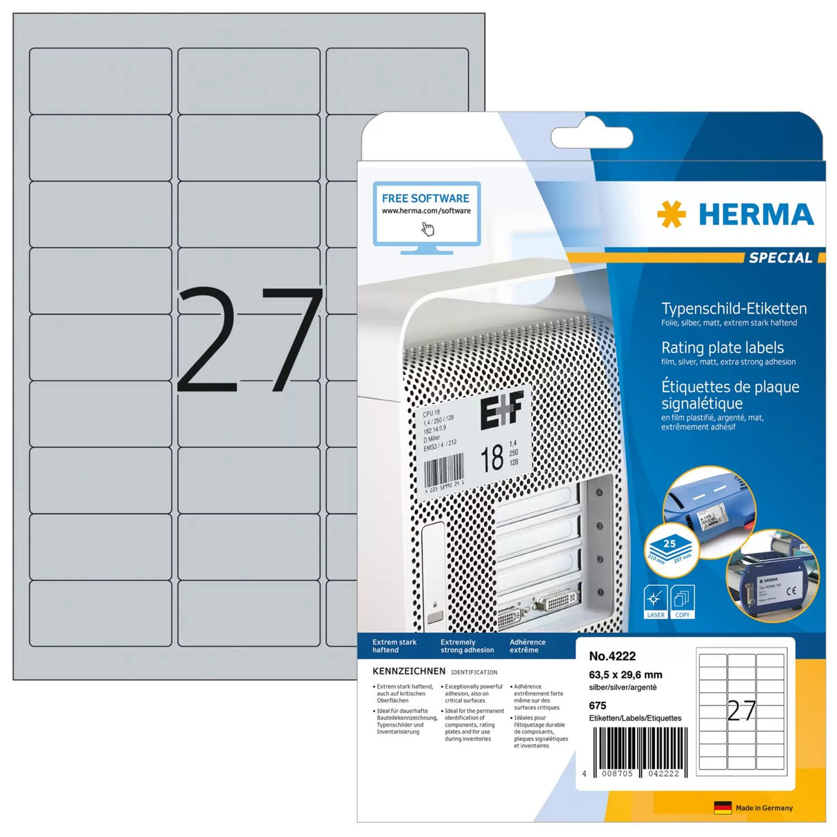 EAN 4008705042222 - HERMA 4222 etiqueta autoadhesiva Rectángulo redondeado Permanente Plata 675 pieza(s) imagen 1