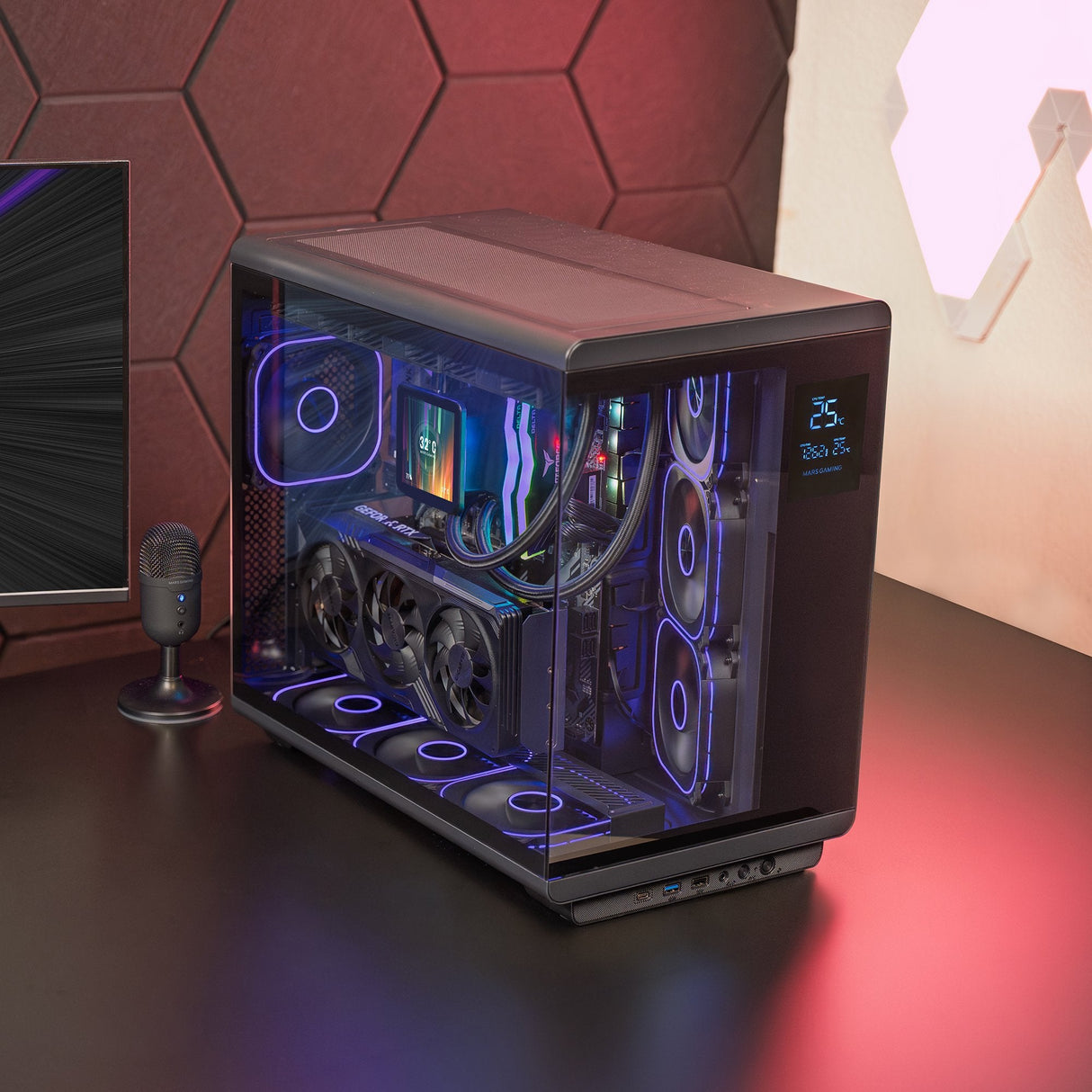 Caja Pc Atx Mars Gaming Mc-Revmax Pantalla Lcd 11.8" Cristal Templado 4x Ventiladores Argb Negro