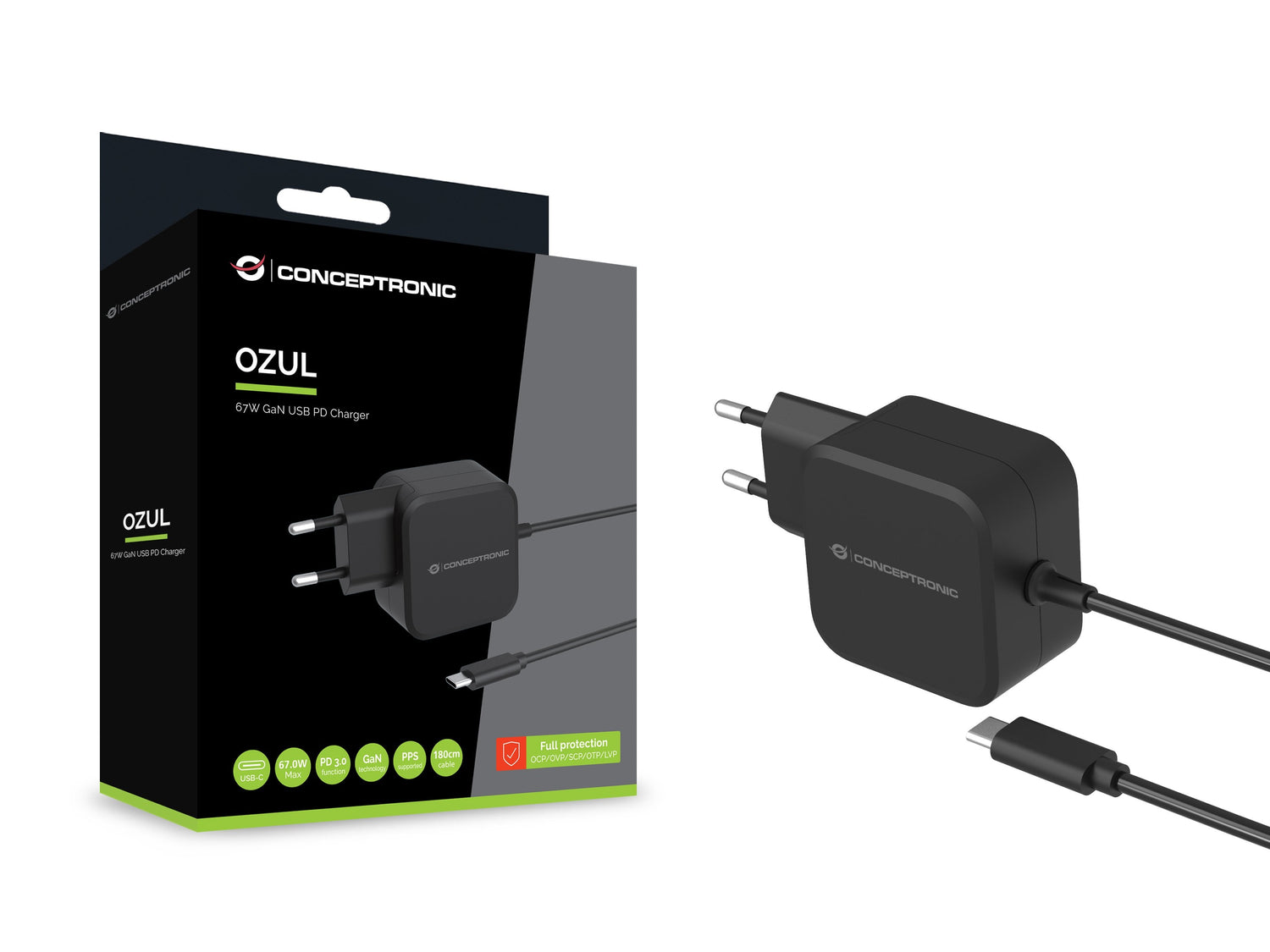 Cargador De Pared Conceptronic Ozul04be 67w Gan Pd Cable Usb-C