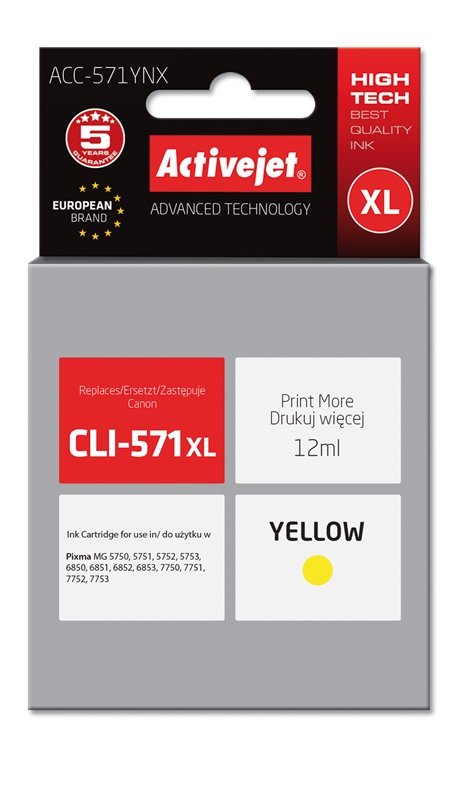 Tinta Activejet Acc-571ynx (Reemplazo Canon Cli-571y Xl - Supreme - 12 Ml - Amarillo)